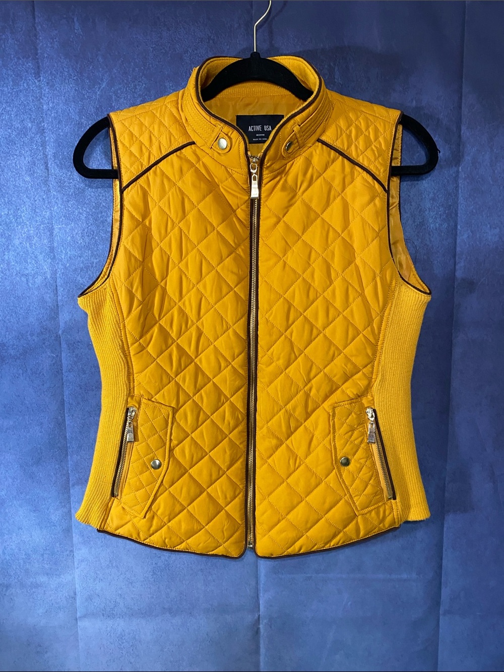 Active USA Quilted Sleeveless Puffer Vest in Mustard Yellow
